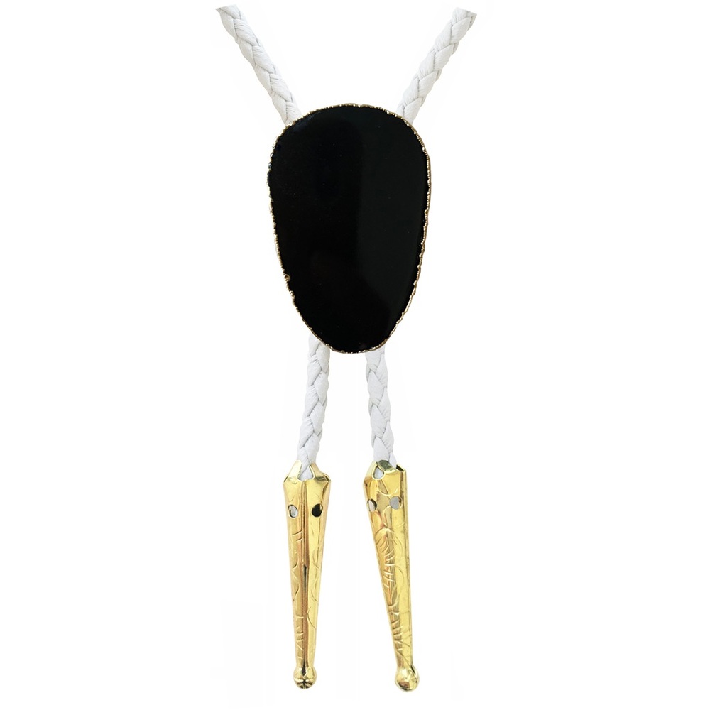 Black Onyx Gold Trim Bolo Tie with White Braided Vegan Leather Cord